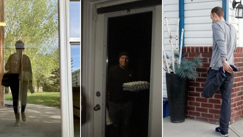 A collage of three photos  a woman reflected in an outside window, a man returning home late at night with eggs and a man standing in front of his house stretching. 