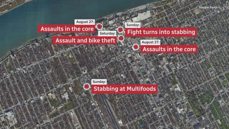 A map of violent incidents reported by police in downtown Windsor since August 27.