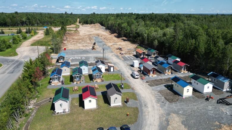 An overheard shot of a plot of land featuring rows of tiny homes.