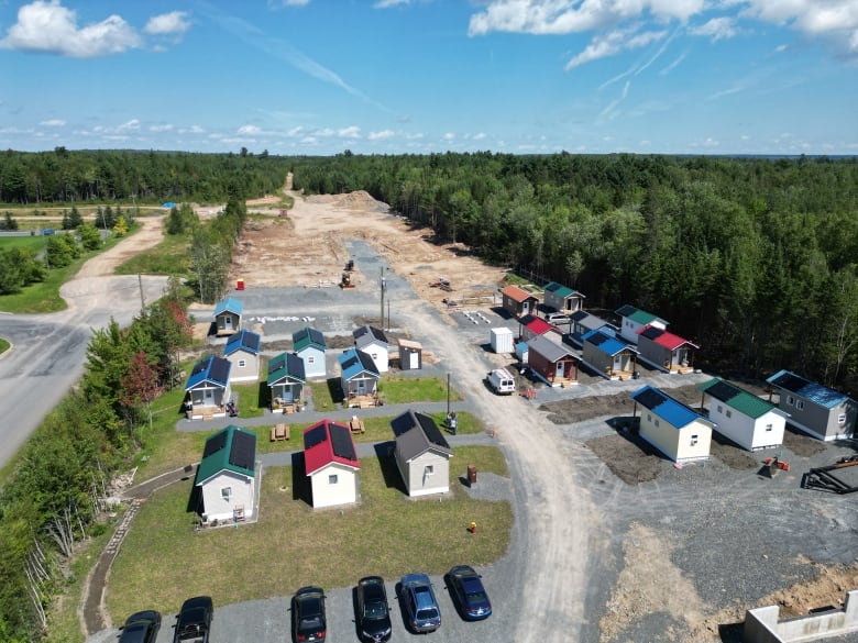 An overheard shot of a plot of land featuring rows of tiny homes.