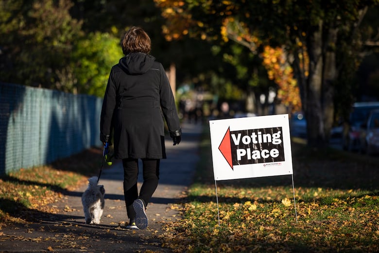 A woman walking her dog next to a sign that reads 'Voting Place'.