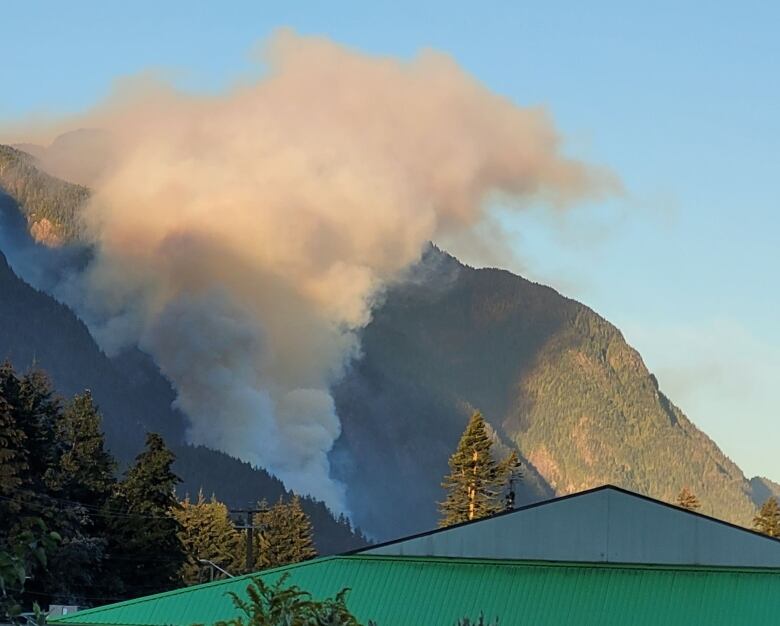 Plumes of smoke rise from a hill, visible behind a building with a pointed top.