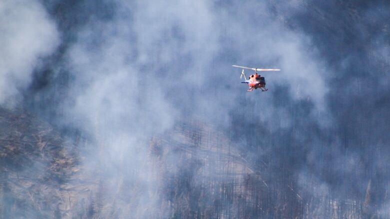 A helicopter is flying in the air. In the background, there is a wall of smoke and burned trees on a hill. 