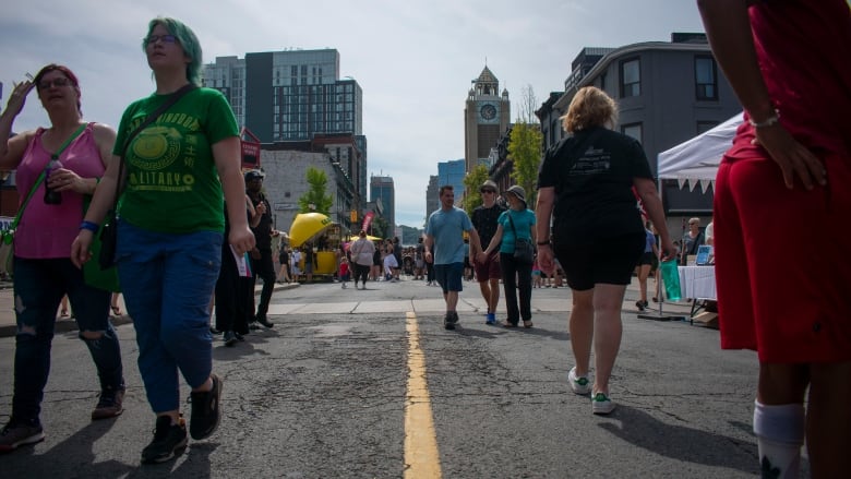 A low shot of people walking on the road.