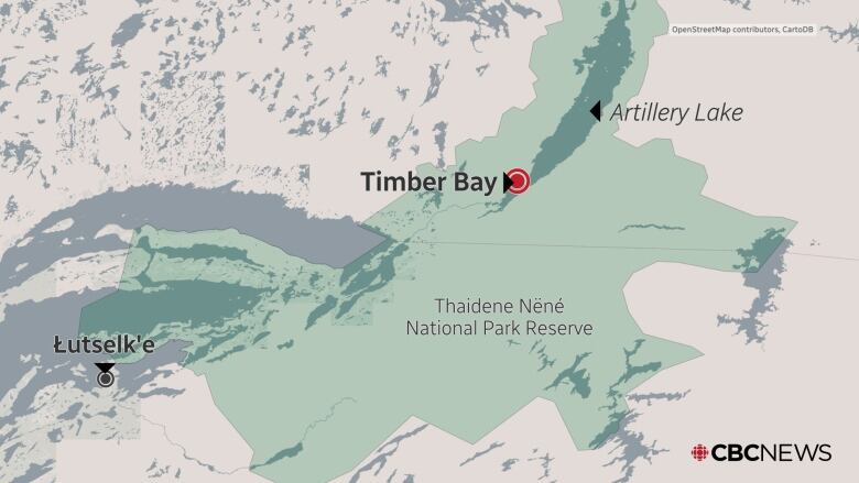 A map showing Timber Bay Thaidene Nene National Park Reserve. 