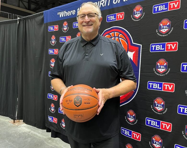 A waist-up shot of a person holding a basketball in front of a banner with the logo for The Basketball League.