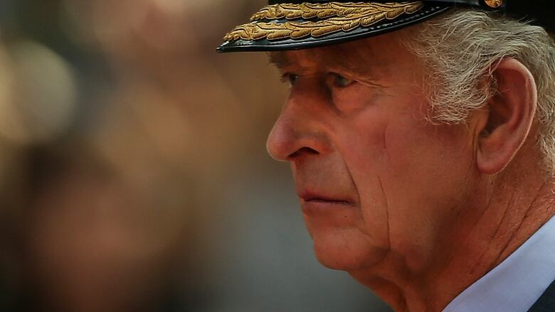 An extreme close-up of a grey-haired man wearing a military style cap. 