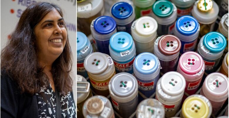 A composite image of a woman at a harberdashery stall, and the buttons she sells.