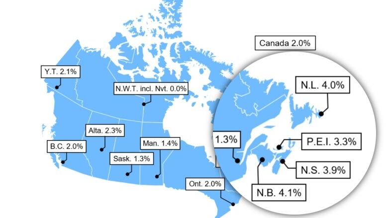 A Statistics Canada map shows the Q2 increase in wages across the country. The portion of the map including the Atlantic province is enlarged to clearer show the increase in those areas.