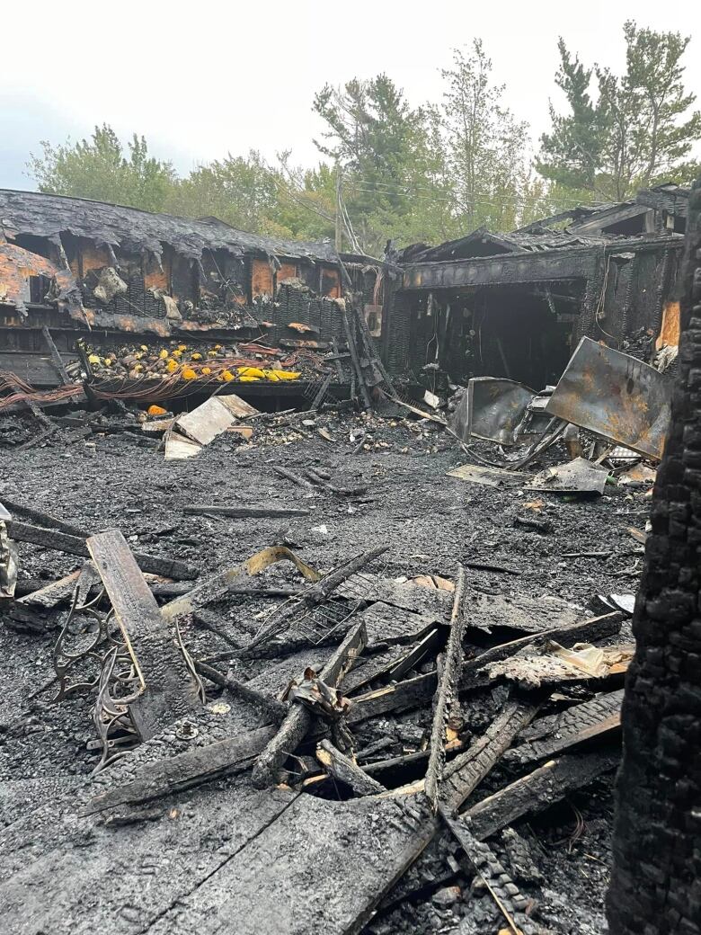 A burned and broken down wooden building, covered in ash.