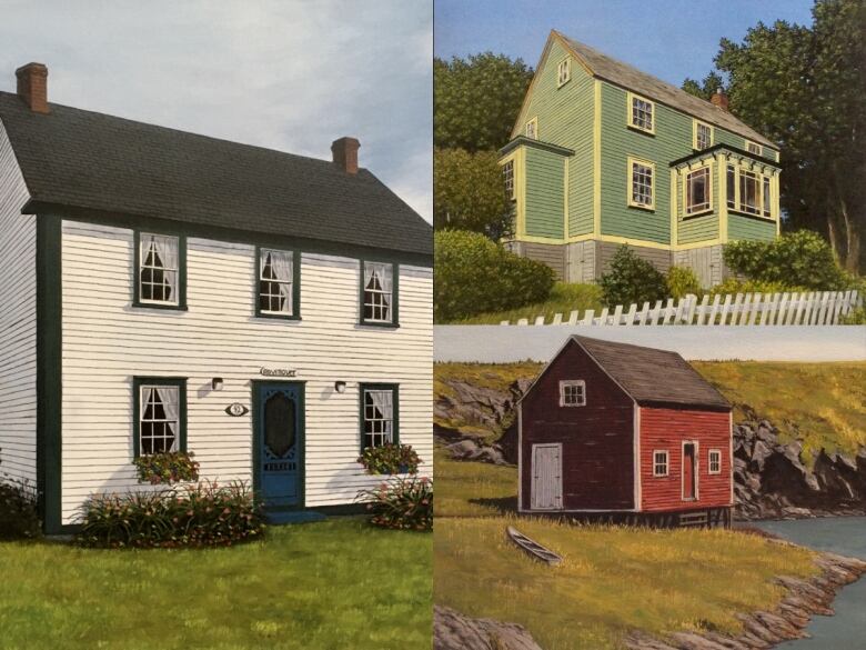 Three highly realistic paintings of houses are pictured.