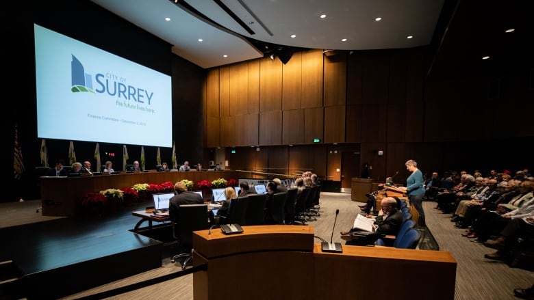 A large projection screen with the words 'City of Surrey, the future lives here' is pictured during a meeting in council chambers at Surrey City Hall in 2019.