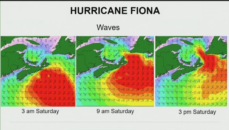 Three maps side by side showing the expected progression of wave intensity in Atlantic Canada due to Hurricane Fiona. From 3 a.m. to 3 p.m. on Saturday the highest waves are expected to move from the southeast coast of Nova Scotia to the southwest coast of Newfoundland.