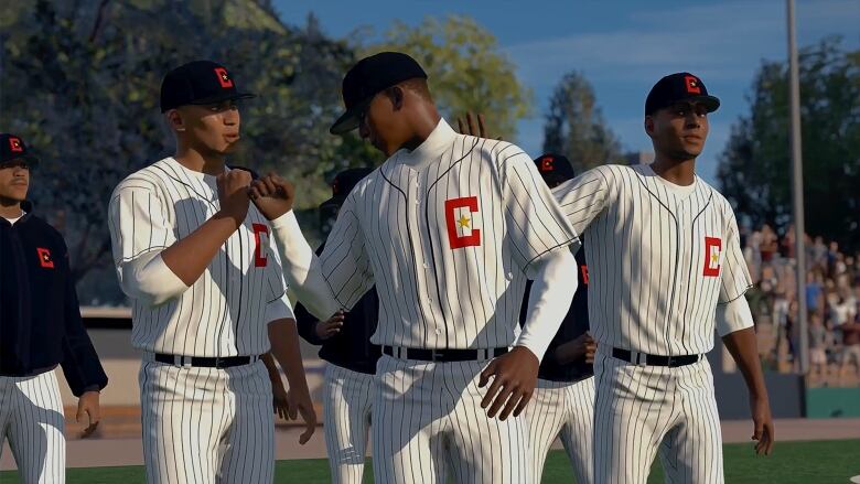 A still from a video game shows three Black men in baseball uniforms on a baseball field. Two are fist-bumping each other, while the third pats one of them on the back.