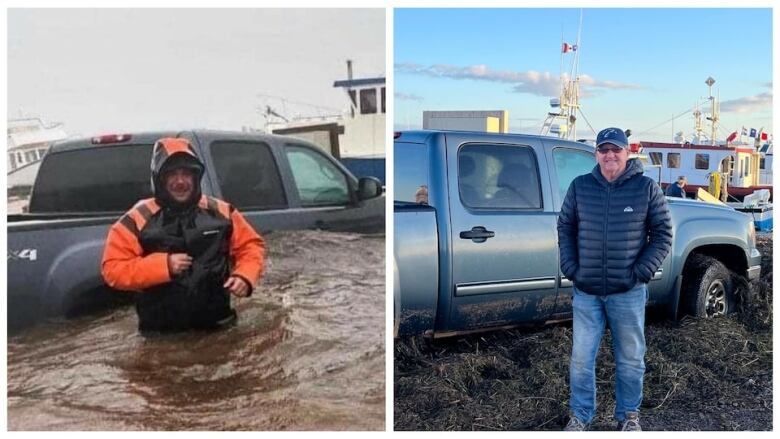 Photos taken roughly 24 hours apart show a man up to his waist in brown water, to the right, another with a man standing on damp ground. 