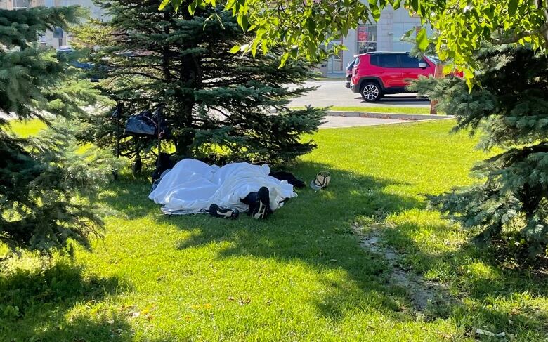 Two people sleep under a blanket, on the grass next to a drug store parking lot in downtown Sudbury. 