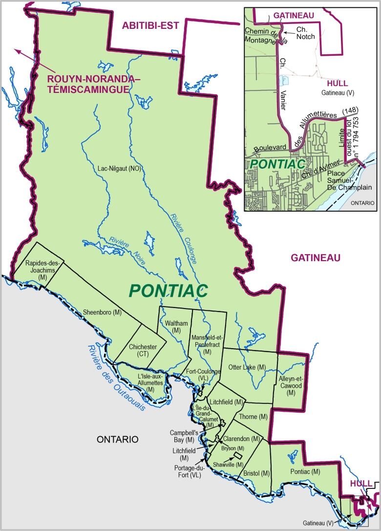 A map showing the borders of Quebec's electoral division of Pontiac.