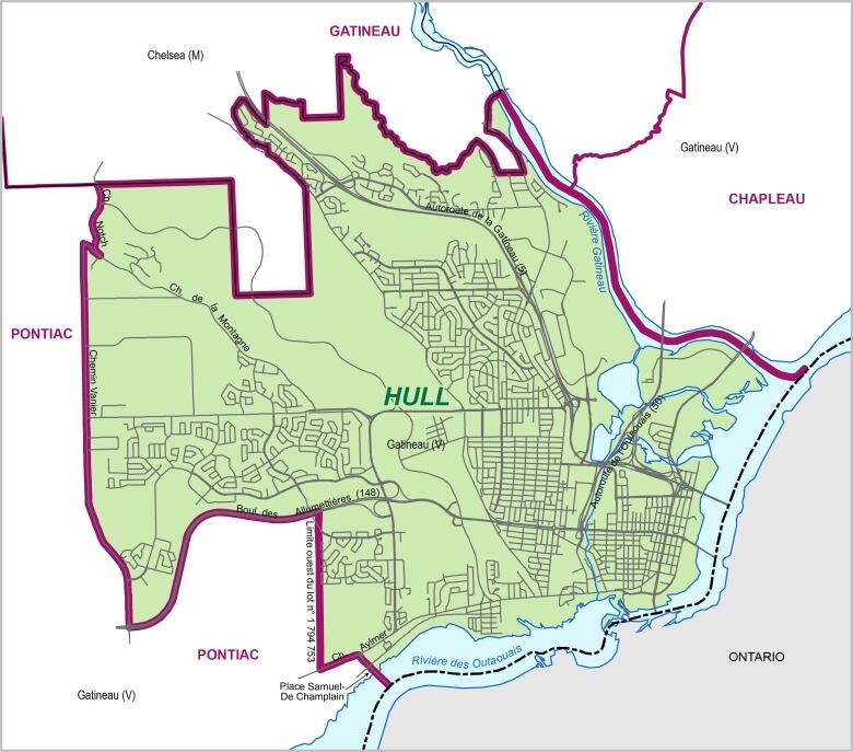 A map showing the borders of Quebec's electoral division of Hull.