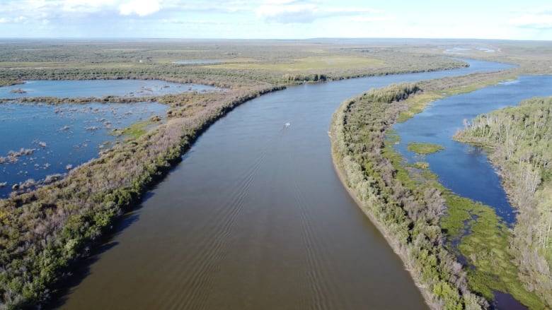 An aerial view of a river surrounded by wetlands