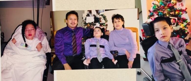 A collage of photos show two children in wheelchairs with their family.