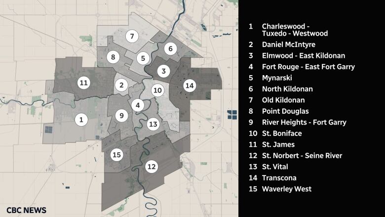 A map of Winnipeg with numbers on each ward.