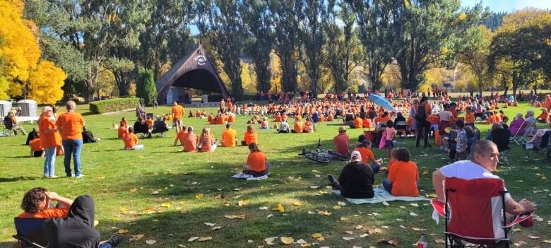 A sea of people wearing orange shirts at a park.