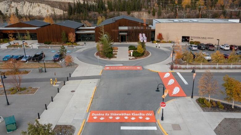 Drone shot of the orange crosswalks