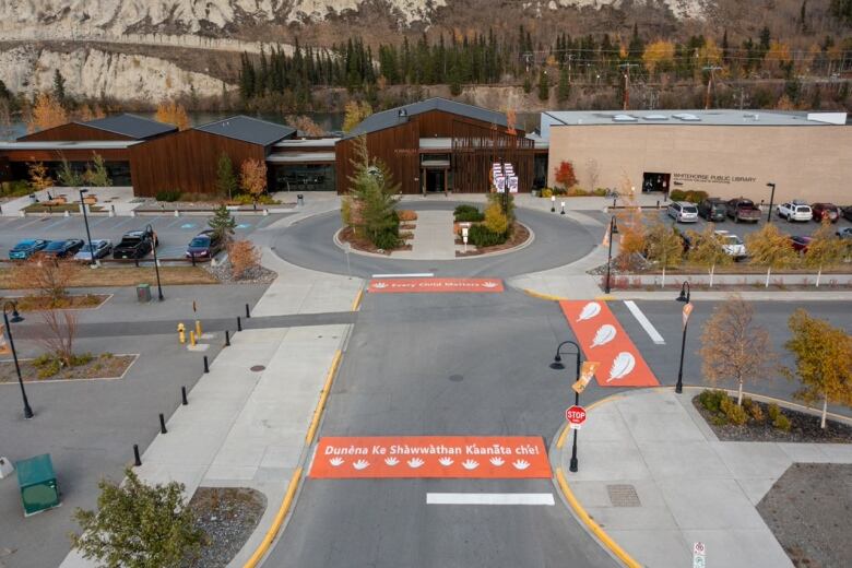 Drone shot of the orange crosswalks