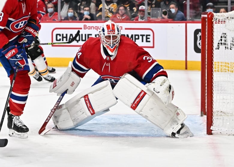 A goalie in a Montreal Canadiens jersey