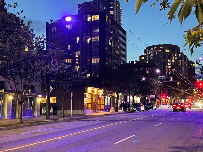 A Downtown street coloured purple.