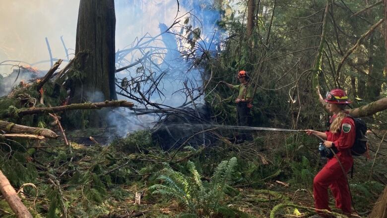 A wildfire fighter with long blonde hair in a ponytail, dressed all in red, aims water spraying from a hose at smouldering woody debris. She's standing in a forest scene filled with smoke.