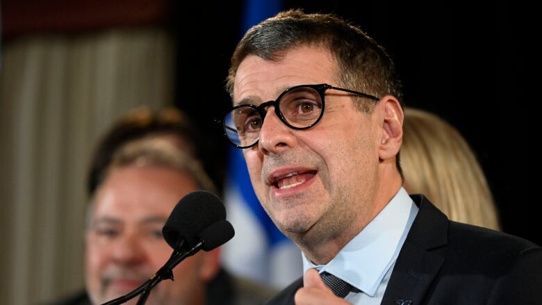 Quebec Conservative Leader ric Duhaime speaks following the nights results at the Conservative election night headquarters in Lac-Delage, Que., Monday, Oct. 3, 2022. 