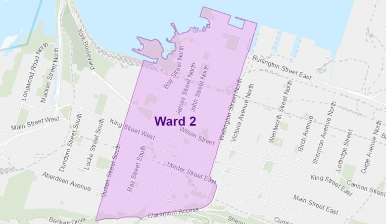 A map of central Hamilton showing Ward 2 in purple.