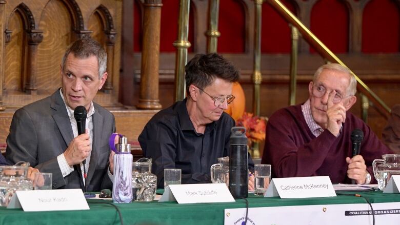 Three politicians sit at a table. The left one is speaking on a microphone.