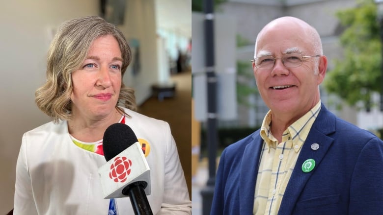 A woman stands in front of a CBC microphone. A man is smiling outside.