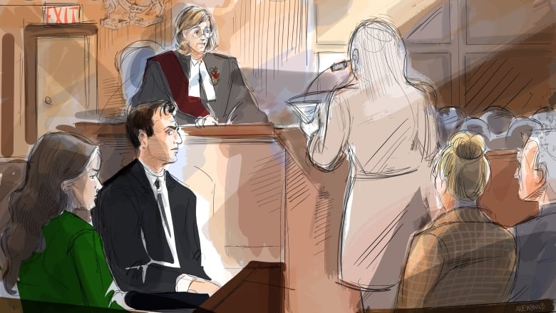 Courtroom illustration showing a blonde woman speaking