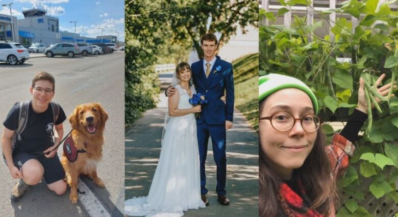 Three photos are joined together. They show a young person with a dog, a young married couple, and finally a woman holding string beans in a garden. 