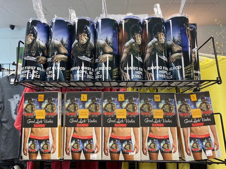 A store display with 'Good Luck Undies  Rambo' on it.