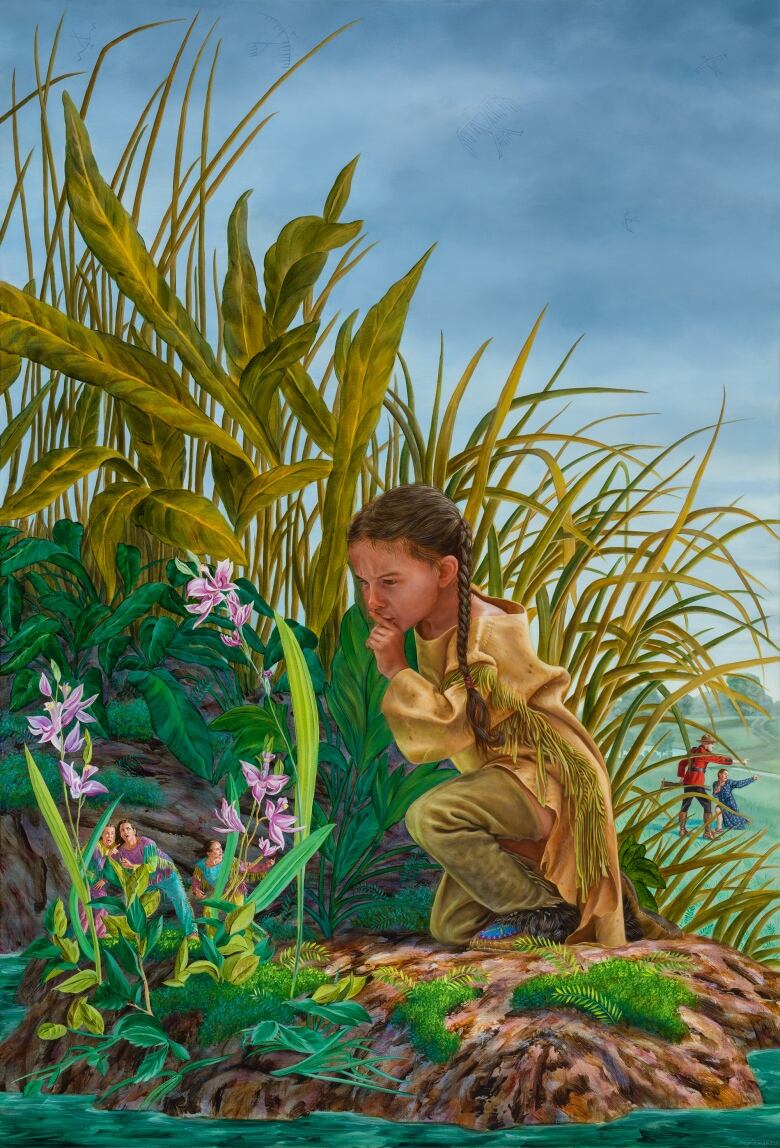 Realistic painting of a small Indigenous child with long pigtails wearing traditional dress. The crouch in leafy vegetation and mime 