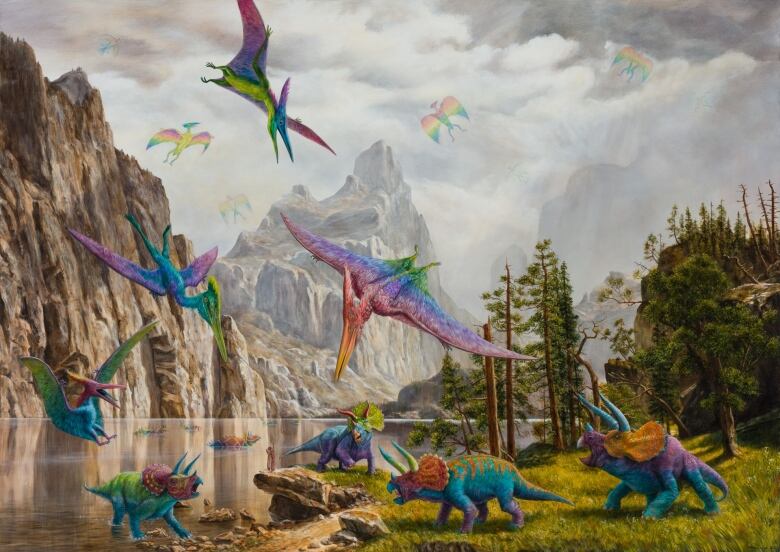 Prehistoric landscape scene populated with flying and horned dinosaurs with rainbow coloured scales.