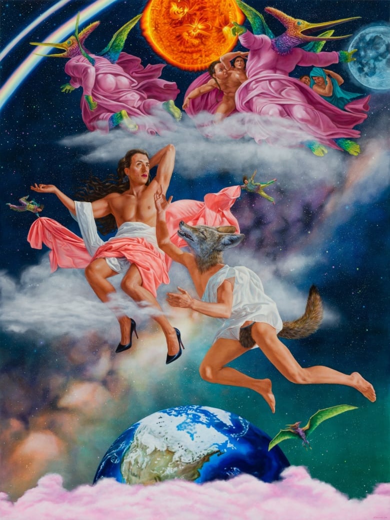 Realistic painting of a human figure in high heels floating in the heavens above the earth. They are srapped in pastel clouds. Below them, a human figure with a coyote head soars. Above, a group of winged rainbow dinosaurs forms a celestial tableau reminiscent of Michelangelo's paintings at the Sistine Chapel.