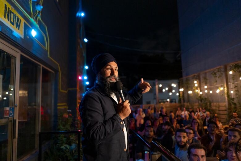 New Democratic Party Leader Jagmeet Singh speaks to a crowd of supporters at an event during the NDP caucus retreat in Halifax on Thursday, September 8, 2022. THE CANADIAN PRESS/Darren Calabrese 