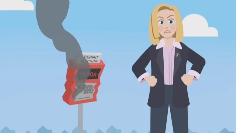 A cartoon figure of a woman stands with her hands on her hips, frowning at the camera while a machine with the words 