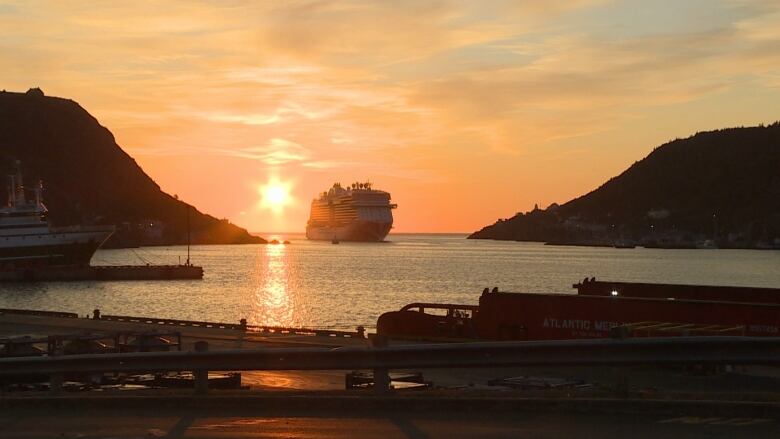 A large ship sailing between two cliffsides during sun rise. 