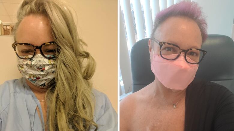 Two photos of Beth Fortin side by side. In the left image the woman has a full head of long blond hair, on the right she has a close cropped cut, and is wearing a mask. 