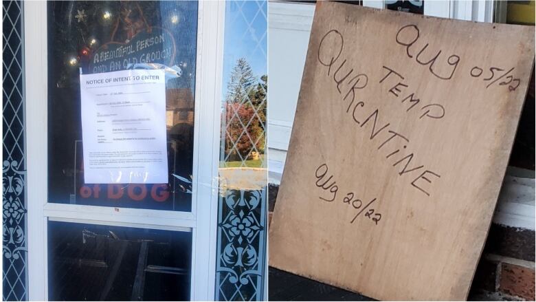 Two photos side to side of signs posted on a front door of a home.