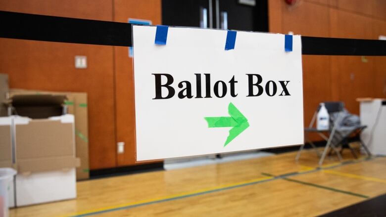 A sign at a Vancouver polling station directs voters to the ballot box during the 2022 civic elections.