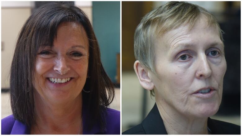 Two closeup photos joined together. On the left, a person with long brown hair smiles. On the right, a person with short blonde hair is speaking.