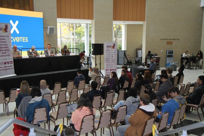 An audience sits before four mayoral candidates in a debate in 2022.