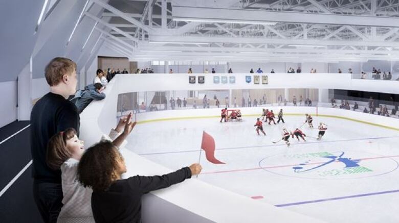 An artist's rendering of the new recreation centre planned for North Bay shows people on a second-floor walking track looking down at a hockey game.